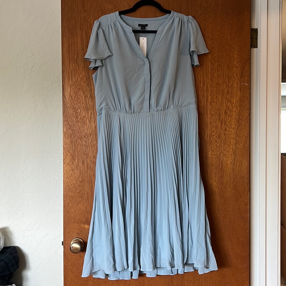NWT Ann Taylor Dusty Blue Pleated Dress Sz. 14